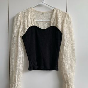 Black Ribbed Lace Long Sleeve Blouse | Size XS-S